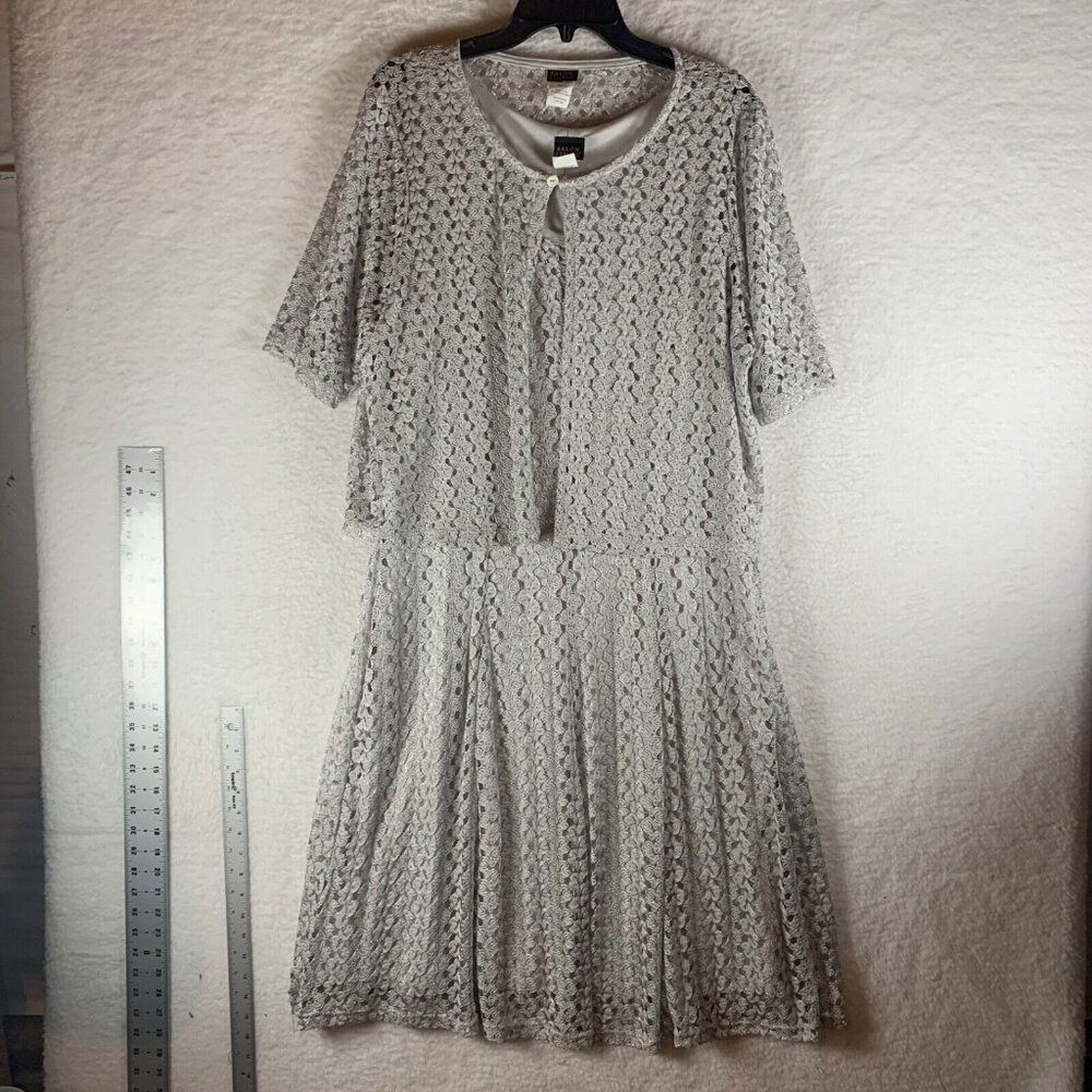 Salon Studio‎ 2 Pc Set Women's Lace Silver Midi Dress and Cardigan Size XL 9113